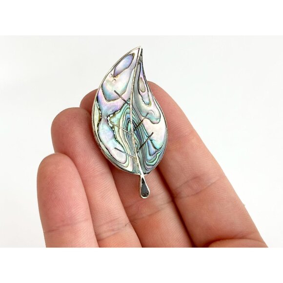 Leaf Shaped Beto of Taxco Abalone Shell Inlay Vintage Sterling Silver Brooch - Picture 2 of 10